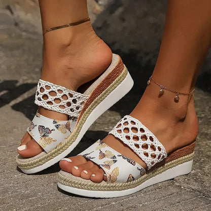 Crochet Hollow Floral Butterfly Leopard Print Espadrille Wedge Slippers