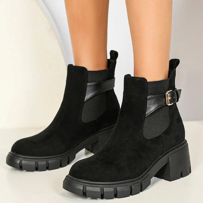 Patchwork Strap Buckle Round Toe Chunky Heel Ankle Boots