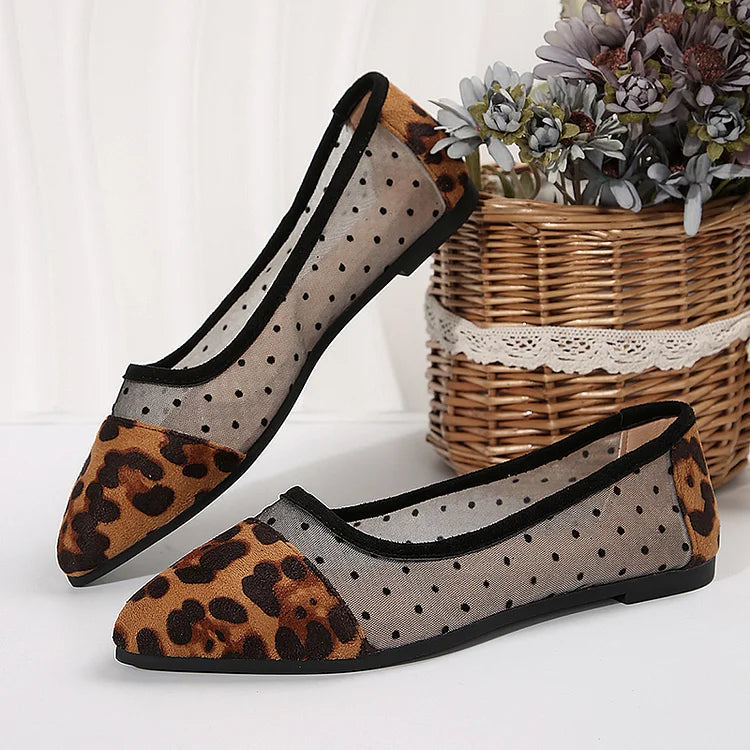 Leopard Print Mesh Patchwork Pointed Toe Slip On Flats