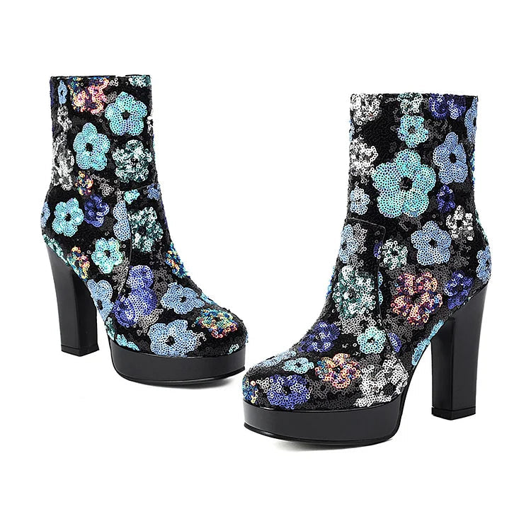 Multicolor Flower Sequins Square Toe Chunky Heel Ankle Boots