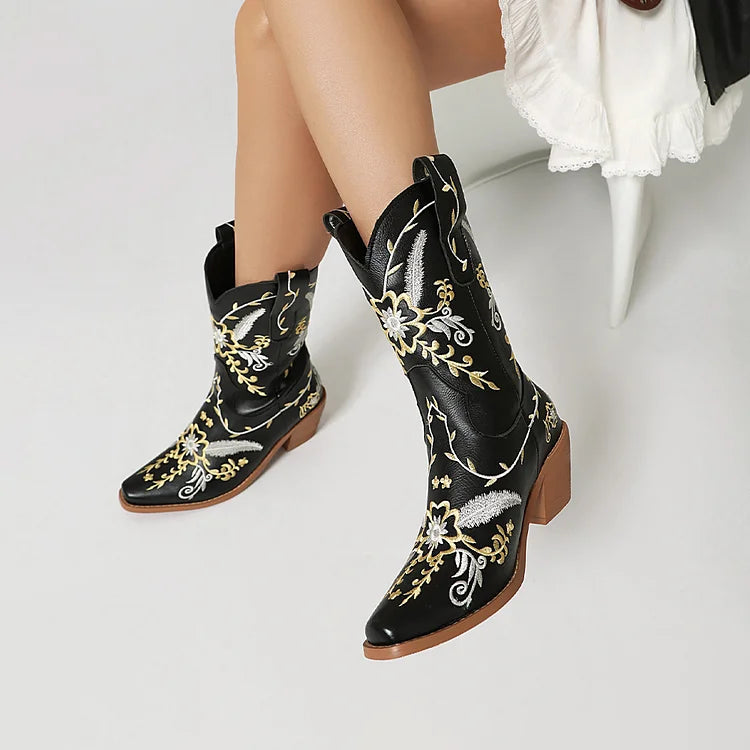 Floral Embroidery Patchwork Pointed Toe Chunky Heel Western Boots