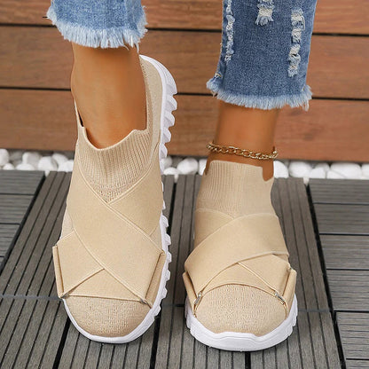 Casual Solid Color Stretchy Cross Belt Buckle Slip On Loafers