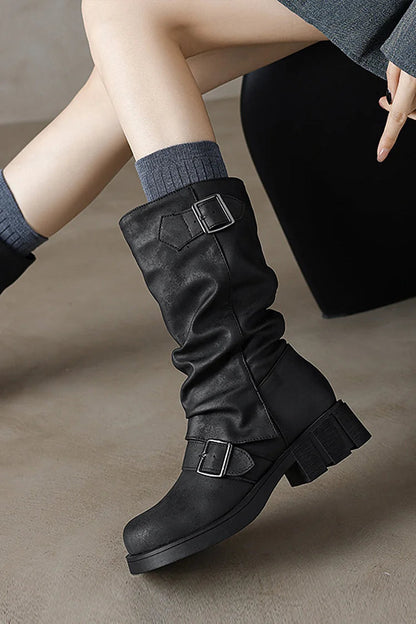 Solid Color Two Straps Buckles Round Toe Chunky Heel Mid Boots