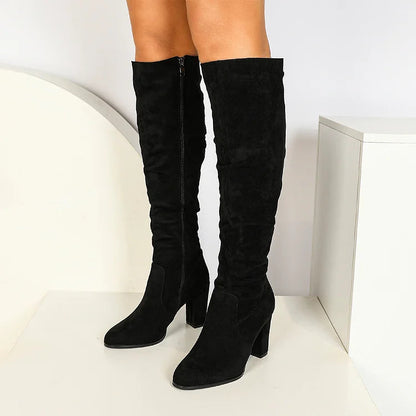 Zipper Solid Color Patchwork Pointed Toe Chunky Heel Knee High Boots