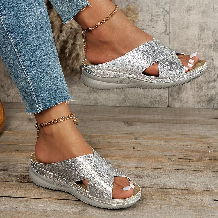 Crocodile Embossed Cross Belt Soft-Soled Wedge Slippers