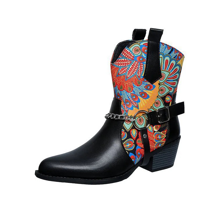 Roses Skull Print Chain Decor Pointed Toe Chunky Heel Ankle Boots