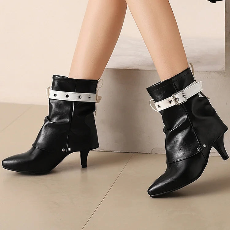 Colorblock Strap Buckle Fold Over Pointed Toe Kitten Heel Ankle Boots