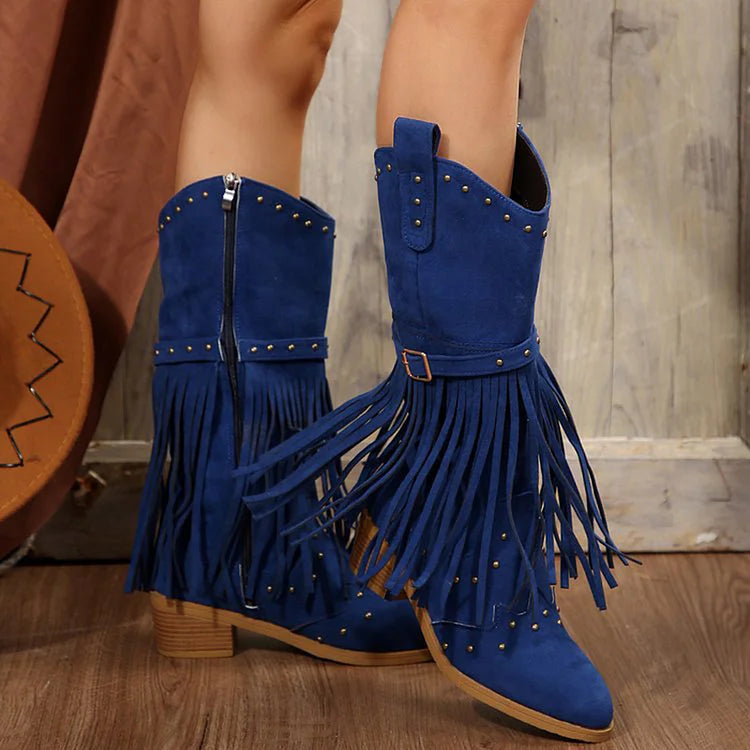 Fringed Trim Metallic Studded Solid Color Chunky Heel Mid Calf Boots