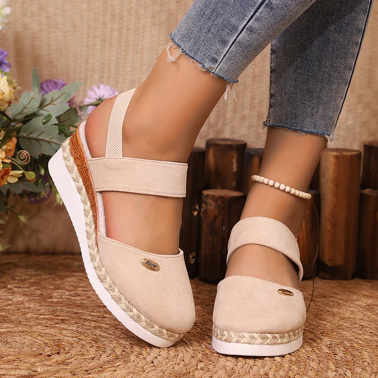 Metal Decor Slingback Strap Closed Toe Plain Espadrille Wedge Sandals