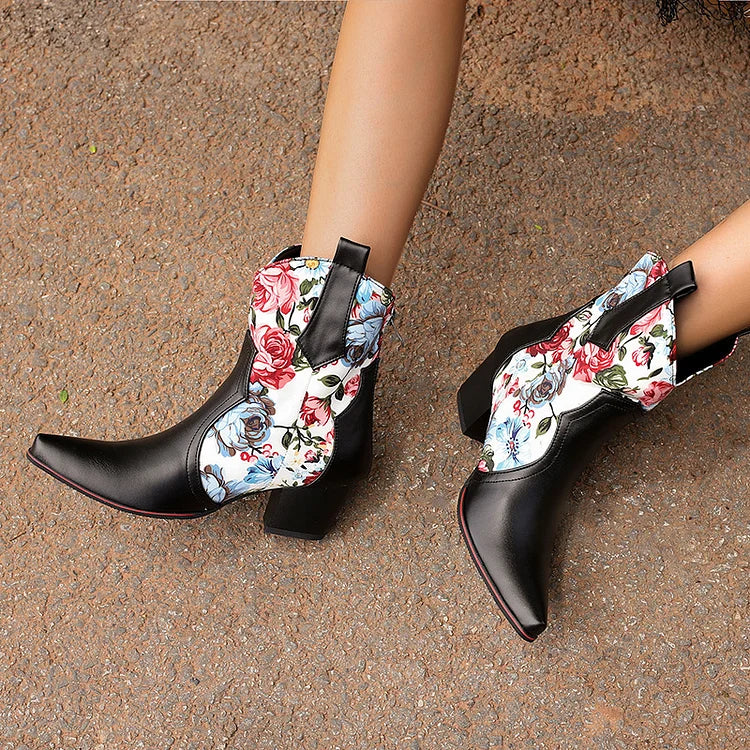 Floral Print Patchwork Chunky Heel Pointed Toe Ankle Boots