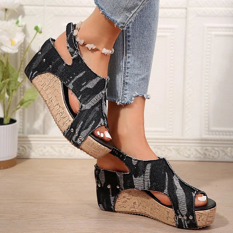 Denim Ripped Rivet Decor Cutout Slingback Strap Platform Wedge Sandals