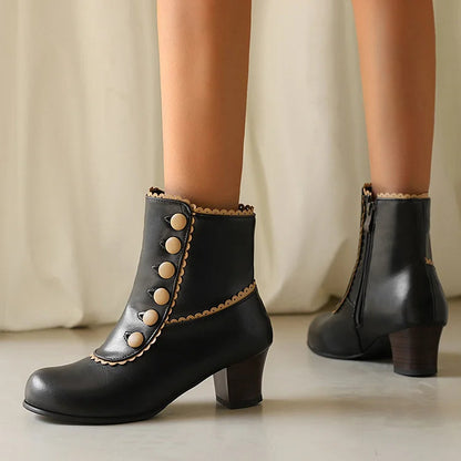 Buttons Colorblock Trim Round Toe Chunky Heel Ankle Boots