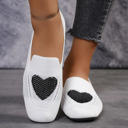 Heart Pattern Print Square Toe Slip On Knit Casual Flats