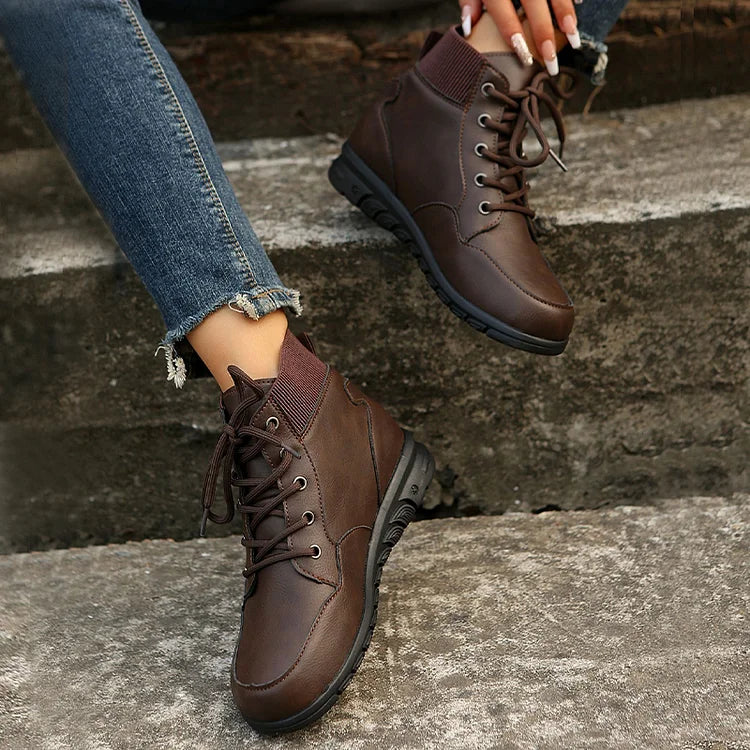 Patchwork Solid Color Round Toe Lace Up Martin Boots