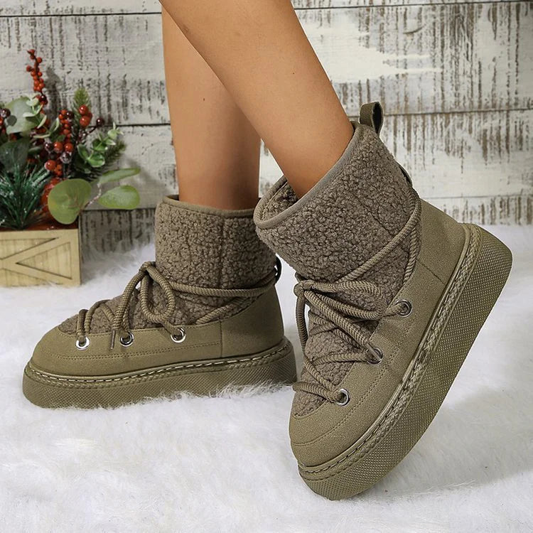 Patchwork Round Toe Lace Up Low Platform Snow Boots