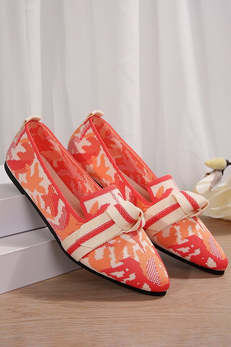 Colorblock Pattern Knitted Pointed Toe Knotted Detail Flats