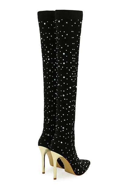 Rhinestone Decor Pointed Toe Stiletto Heel Over The Knee Sock Boots