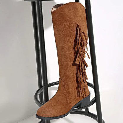 Fringe Patchwork Solid Color Pointed Toe Chunky Heel Knee High Boots