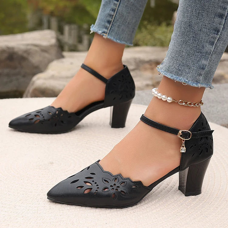 Openwork Design Pointed Toe Ankle Strap Buckle Chunky Heels