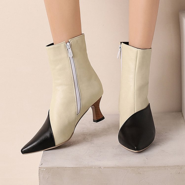 Colorblock Pattern Patchwork Pointed Toe Zipper Ankle Boots