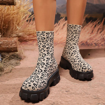 Knitted Leopard Pattern Round Toe Pull On Mid Boots