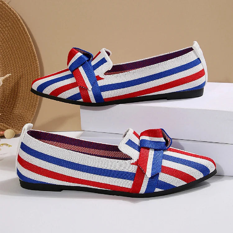 Knotted Colorblock Striped Pointed Toe Slip On Flats