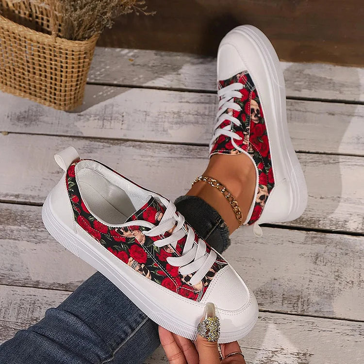 Halloween Skull Rose Colourful Floral Print Lace Up Casual Shoes