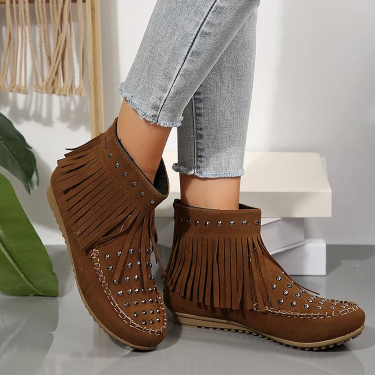 Metal Rivets Round Toe Fringed Trim Zipper Ankle Boots