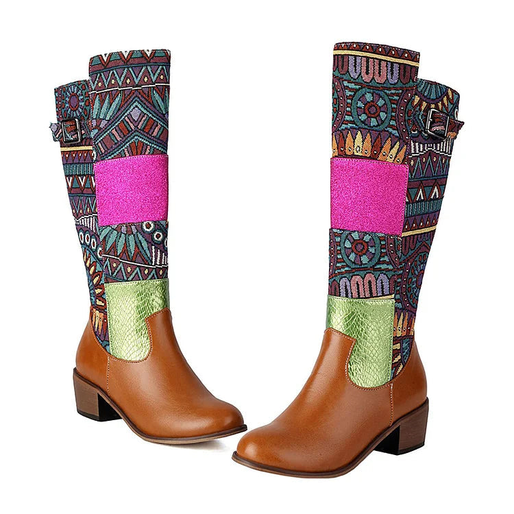 Colorblock Patchwork Tribal Pattern Round Toe Mid Calf Boots