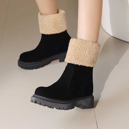 Patchwork Fluffy Trim Round Toe Chunky Heel Pull On Snow Boots