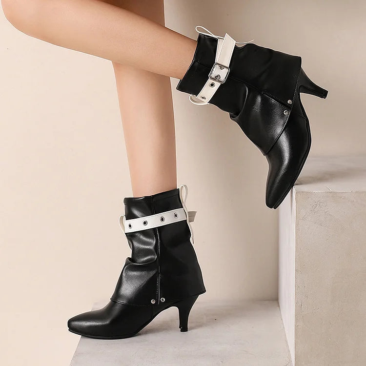 Colorblock Strap Buckle Fold Pointed Toe Stiletto Heel Ankle Boots