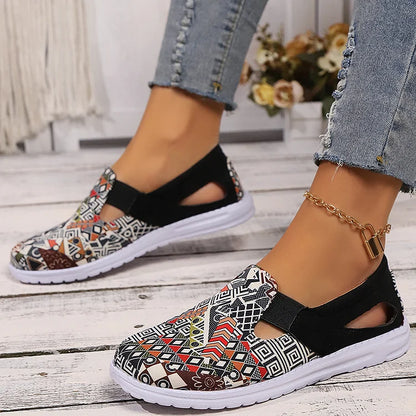 Ethnic Geo Pattern Print Cut Out Square Toe Slip On Loafers