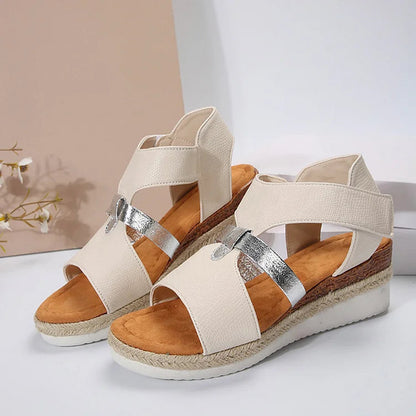 Peep Toe Patchwork Strap Magic Stick Closure Wedge Sandals