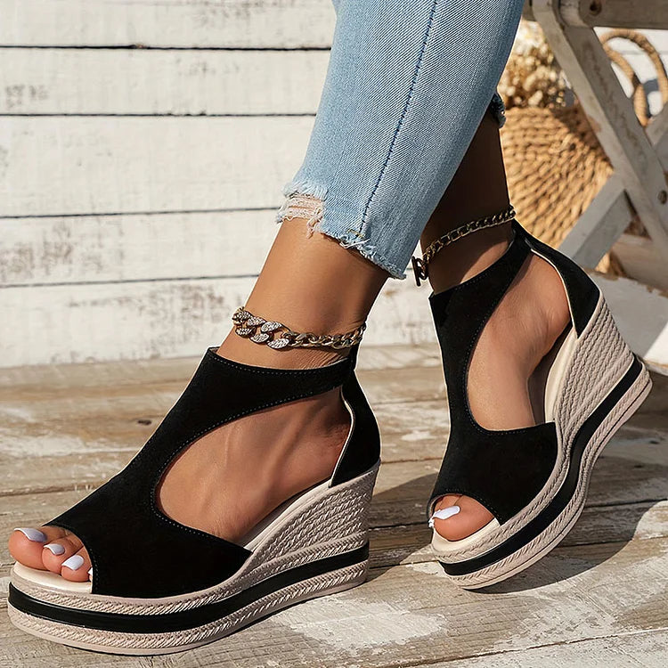 Leopard Print Cut Out Peep Toe Ankle Strap Platform Wedge Sandals