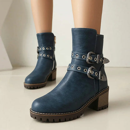 Two Straps Buckles Patchwork Round Toe Chunky Heel Ankle Boots