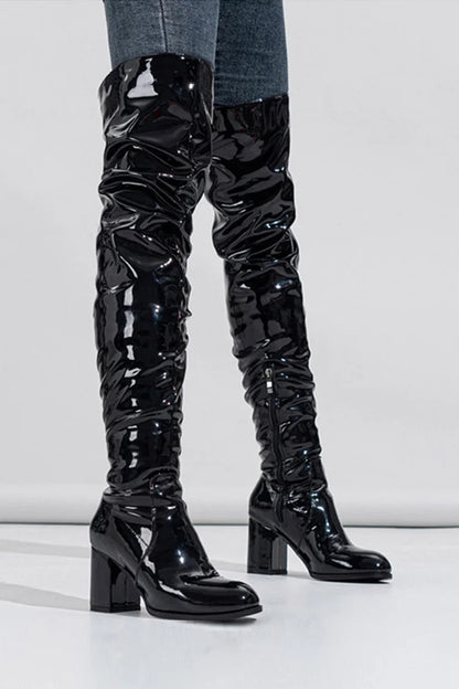 Solid Color Round Toe Chunky Heel Patchwork Zipper Over The Knee Boots