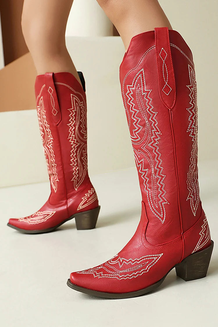 Pointed Toe Embroidery Patchwork Chunky Heel Pull On Western Boots