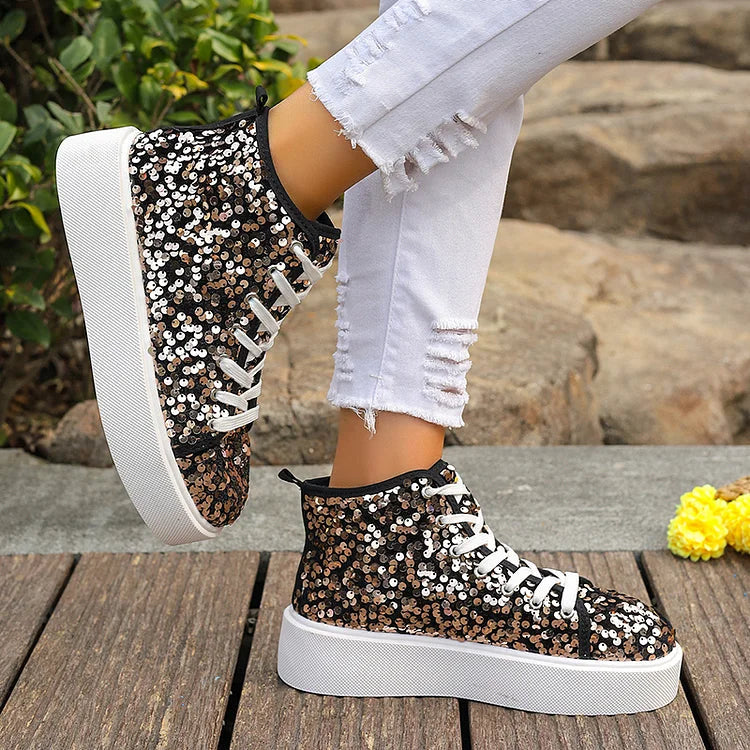 Glitter Sequins Lace Up Round Toe Fashion Casual Shoes