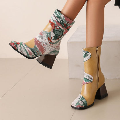 Snake Print Patchwork Square Toe Chunky Heel Mid Calf Boots