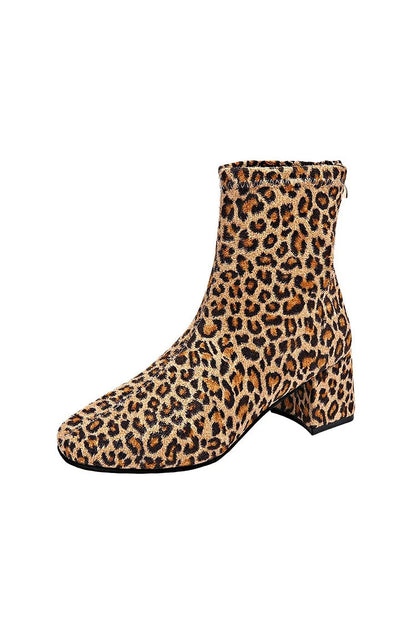 Leopard Print Zipper Round Toe Chunky Heel Mid Boots