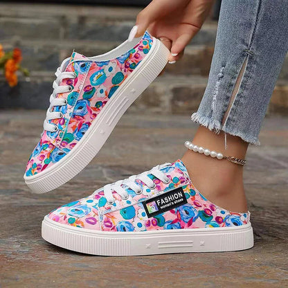 Canvas Multicolor Print Round Toe Slip On Lace Up Sneakers