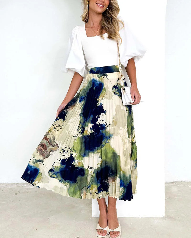 High-end oil painting printed pleated A-line pleated skirt