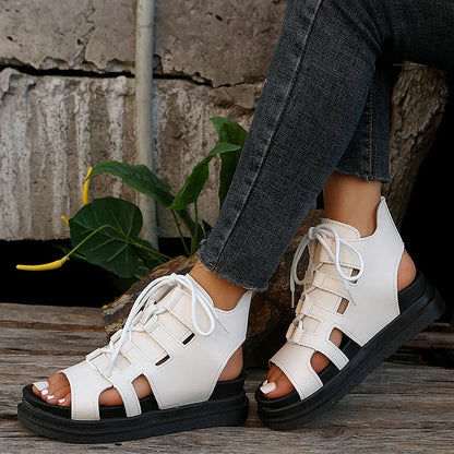 Casual Hollowed Lace Up Peep Toe Muffin Sandals