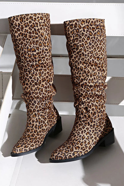 Leopard Print Slouch Pointed Toe Chunky Heel Pull On Knee High Boots