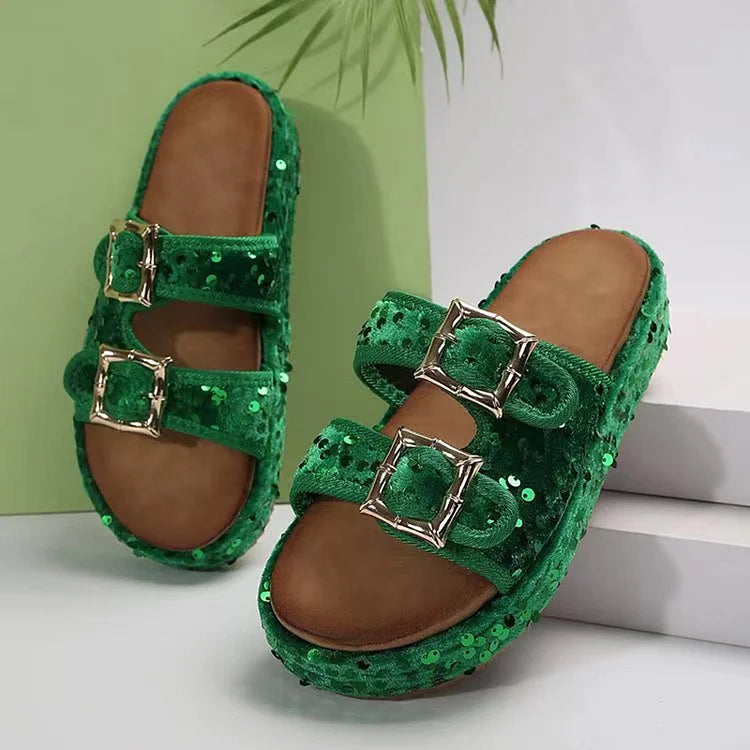 Sequin Double Straps Buckles Platform Soft-Soled Slippers