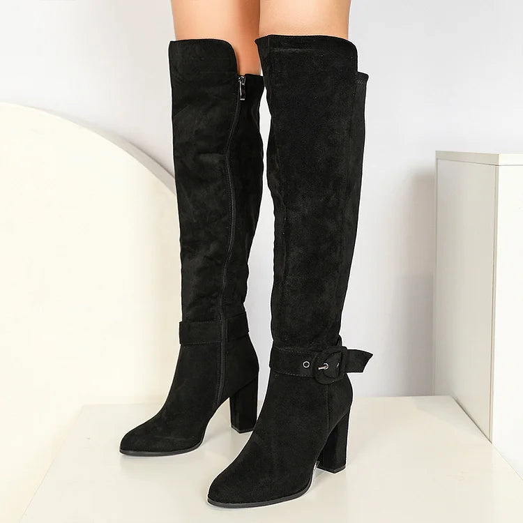 Strap Buckle Decor Irregular Edge Pointed Toe Chunky Heel Knee High Boots