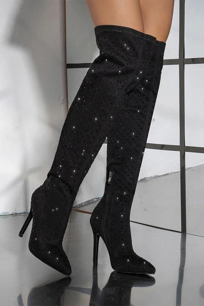 Rhinestone Decor Pointed Toe Stiletto Heel Over The Knee Boots