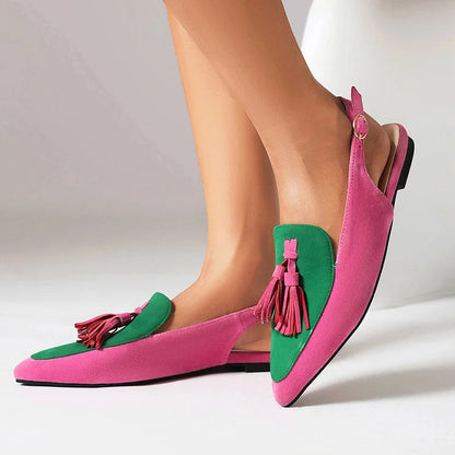 Color Block Fringed Trim Slingback Pointy Toe Flats