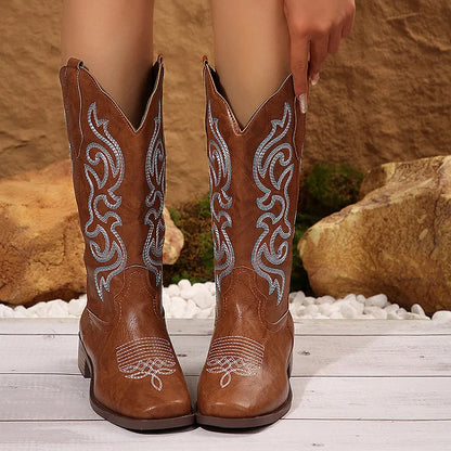 Tribal Pattern Embroidery Square Toe Patchwork Mid Calf Boots