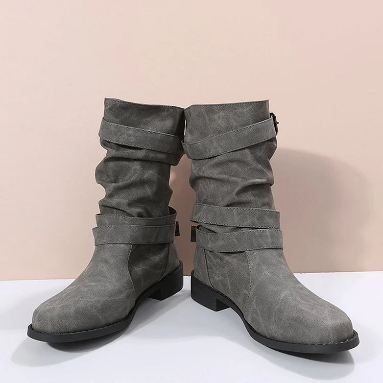 Multi Straps Buckles Patchwork Round Toe Solid Color Mid Boots